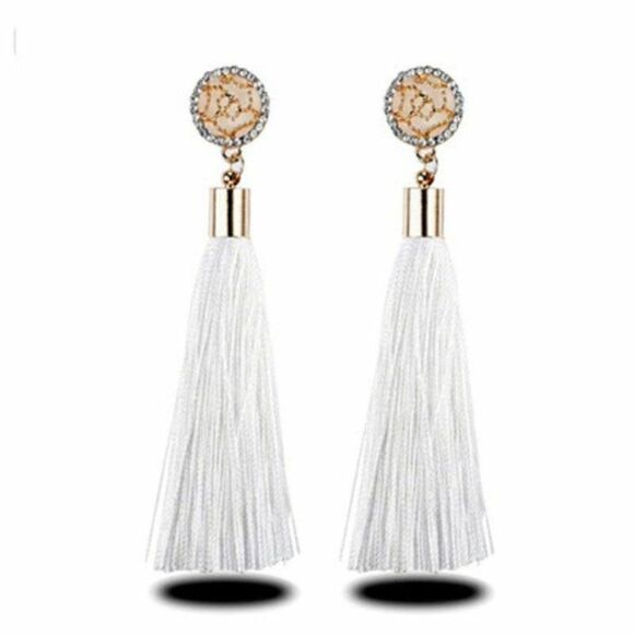 5/$25 White Tassel Fringe Rhinestone Earrings - Picture 4 of 6